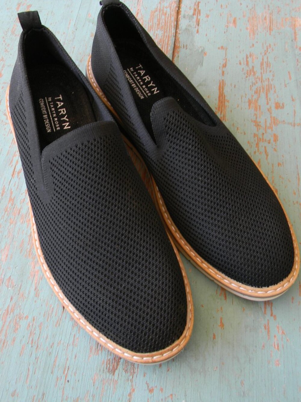 Taryn Rose Shoes Wm 9.5 STILO  Black Knit Slip On Loafer Comfort Wedge FLATS